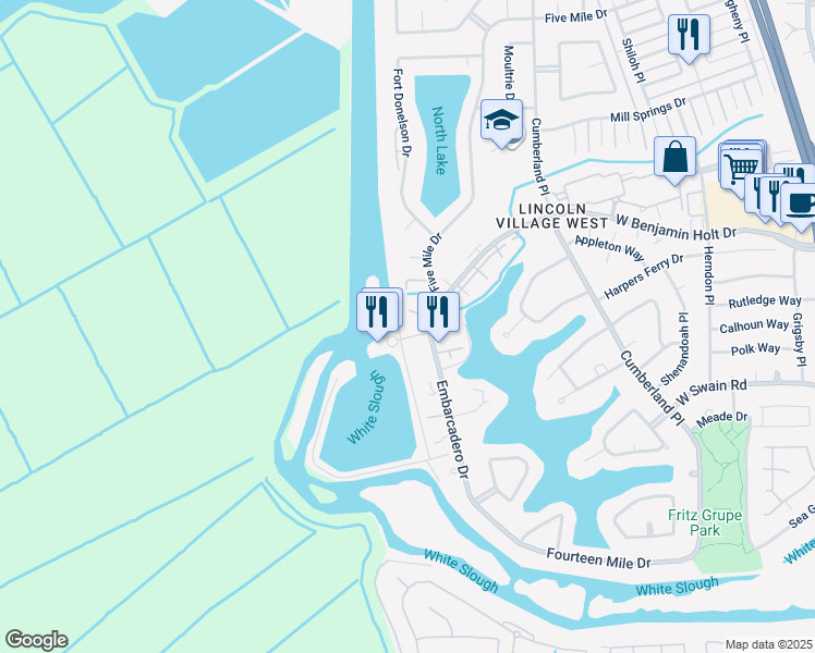 map of restaurants, bars, coffee shops, grocery stores, and more near 6653 Embarcadero Drive in Stockton