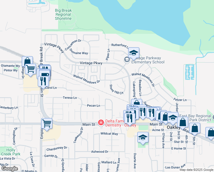 map of restaurants, bars, coffee shops, grocery stores, and more near 367 Stony Hill Circle in Oakley