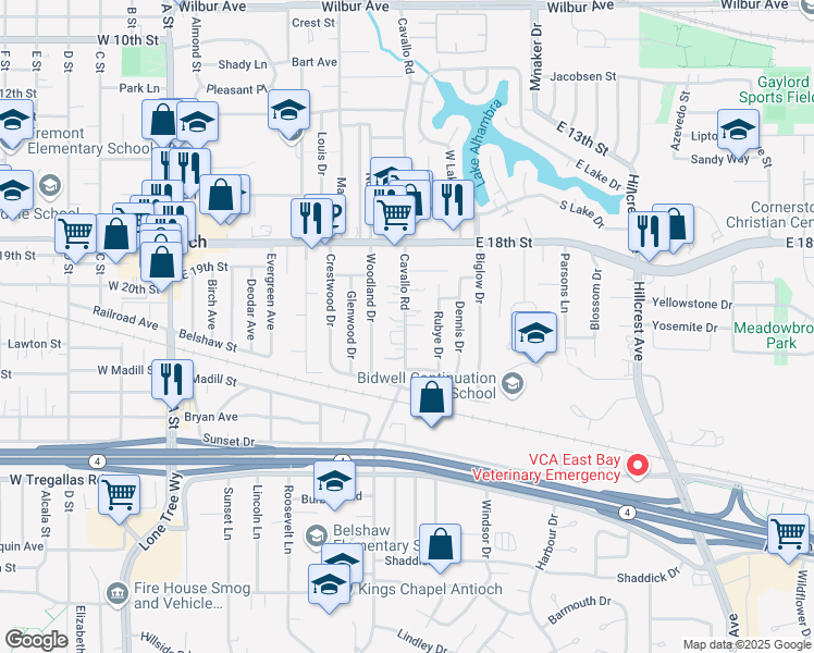 map of restaurants, bars, coffee shops, grocery stores, and more near 1922 Cavallo Road in Antioch