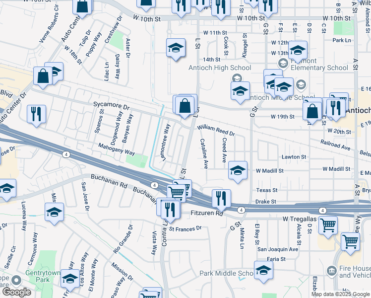 map of restaurants, bars, coffee shops, grocery stores, and more near 2204 L Street in Antioch