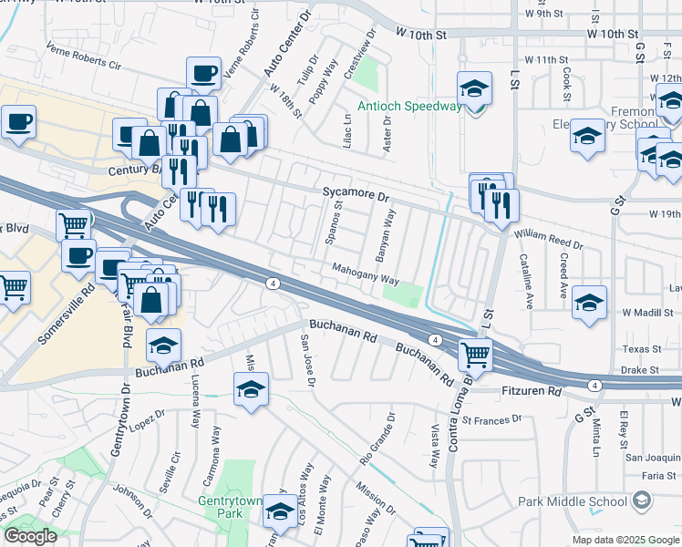map of restaurants, bars, coffee shops, grocery stores, and more near 2405 Shadow Lane in Antioch