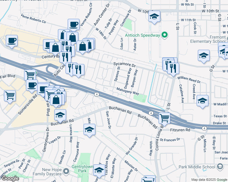 map of restaurants, bars, coffee shops, grocery stores, and more near 2405 Shadow Lane in Antioch