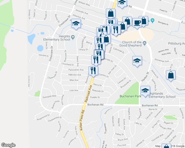 map of restaurants, bars, coffee shops, grocery stores, and more near 115 El Camino Drive in Pittsburg