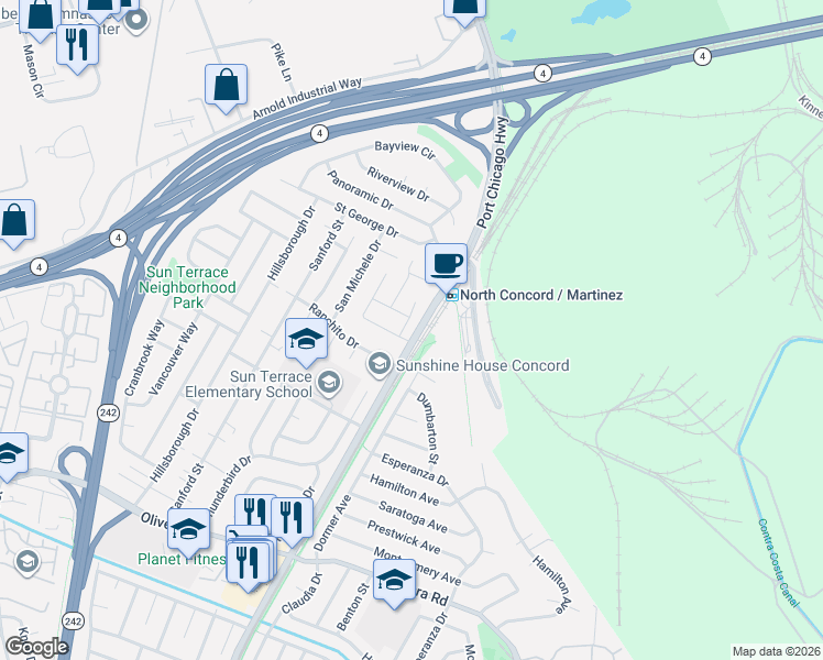 map of restaurants, bars, coffee shops, grocery stores, and more near 2490 Sun View Place in Concord