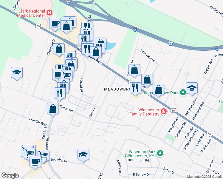 map of restaurants, bars, coffee shops, grocery stores, and more near 3474 Stamper Drive in Winchester