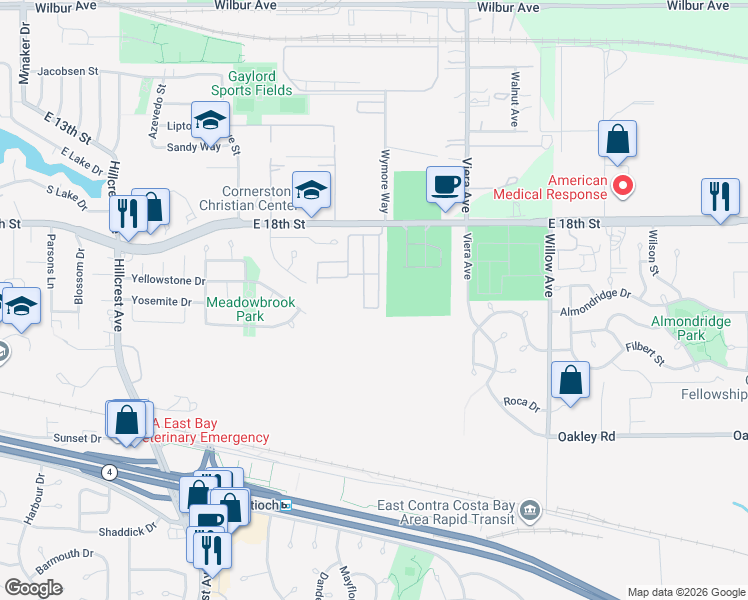 map of restaurants, bars, coffee shops, grocery stores, and more near 1924 Geneva Lane in Antioch