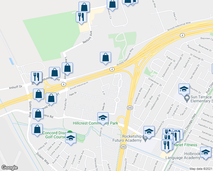 map of restaurants, bars, coffee shops, grocery stores, and more near 104 A Street in Concord