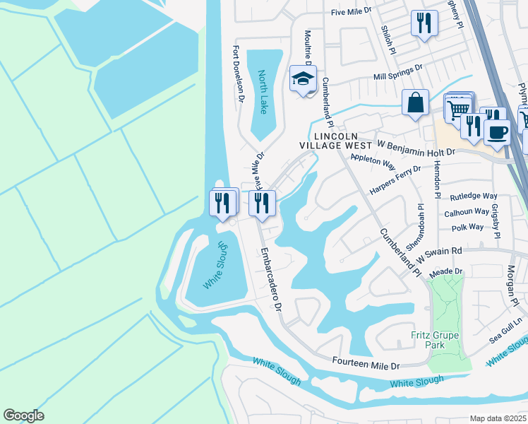 map of restaurants, bars, coffee shops, grocery stores, and more near 6644 Embarcadero Drive in Stockton