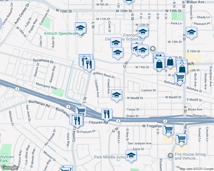 map of restaurants, bars, coffee shops, grocery stores, and more near 201 Creed Avenue in Antioch