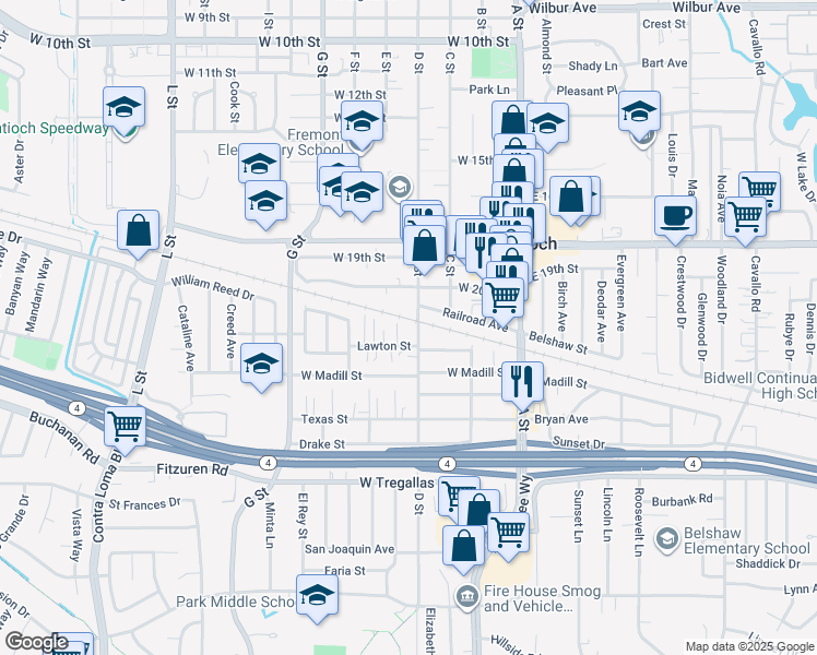 map of restaurants, bars, coffee shops, grocery stores, and more near 2100 D Street in Antioch