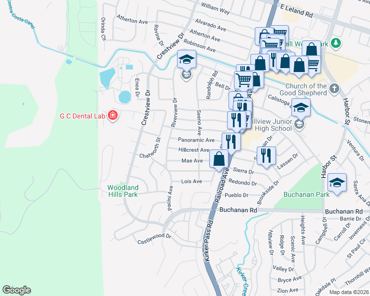 map of restaurants, bars, coffee shops, grocery stores, and more near 144 Hillcrest Avenue in Pittsburg