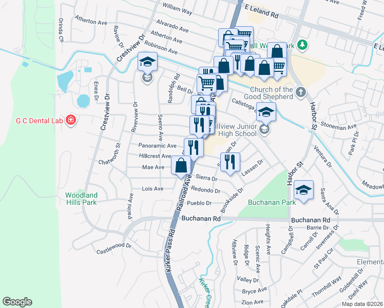 map of restaurants, bars, coffee shops, grocery stores, and more near 115 El Camino Drive in Pittsburg