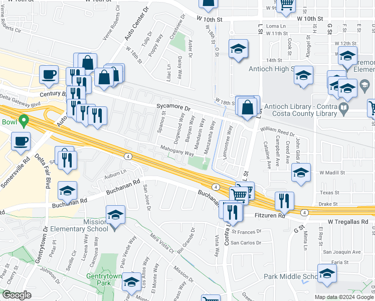 map of restaurants, bars, coffee shops, grocery stores, and more near 2325 Banyan Way in Antioch