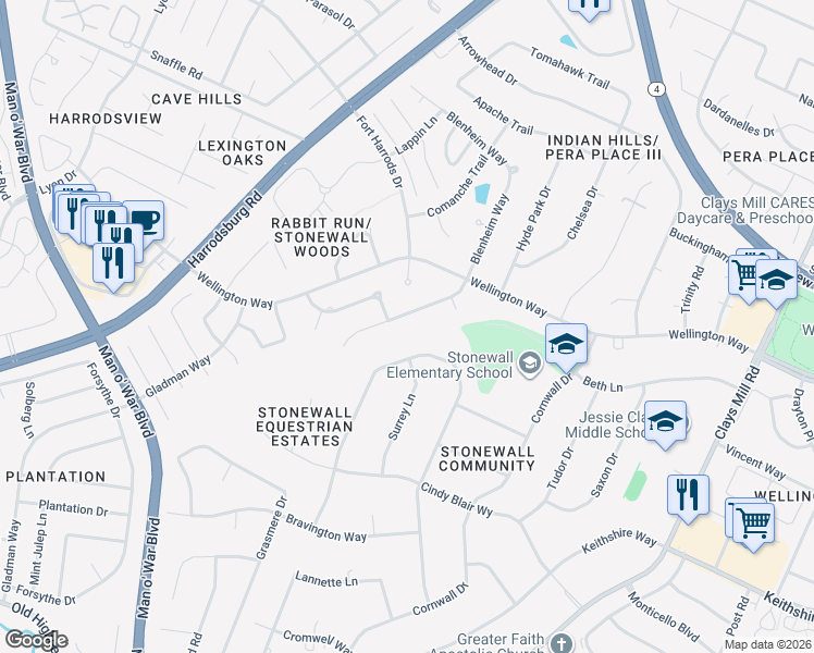 map of restaurants, bars, coffee shops, grocery stores, and more near 3232 Blenheim Way in Lexington