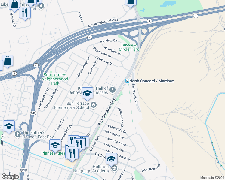 map of restaurants, bars, coffee shops, grocery stores, and more near 2491 Sun View Terrace in Concord