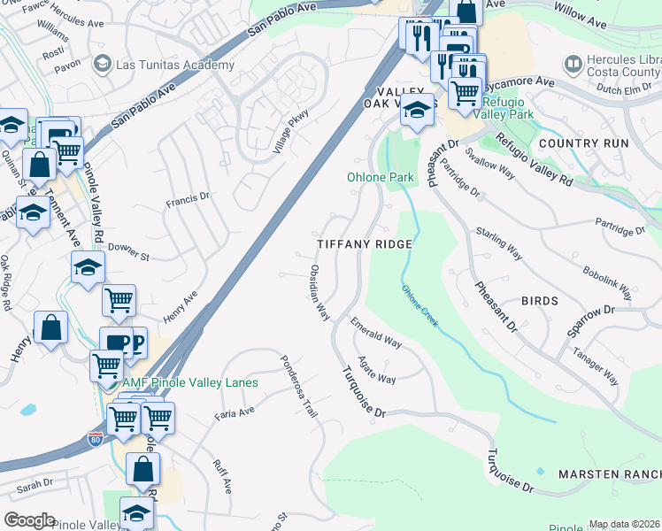 map of restaurants, bars, coffee shops, grocery stores, and more near 232 Cinnabar Way in Hercules