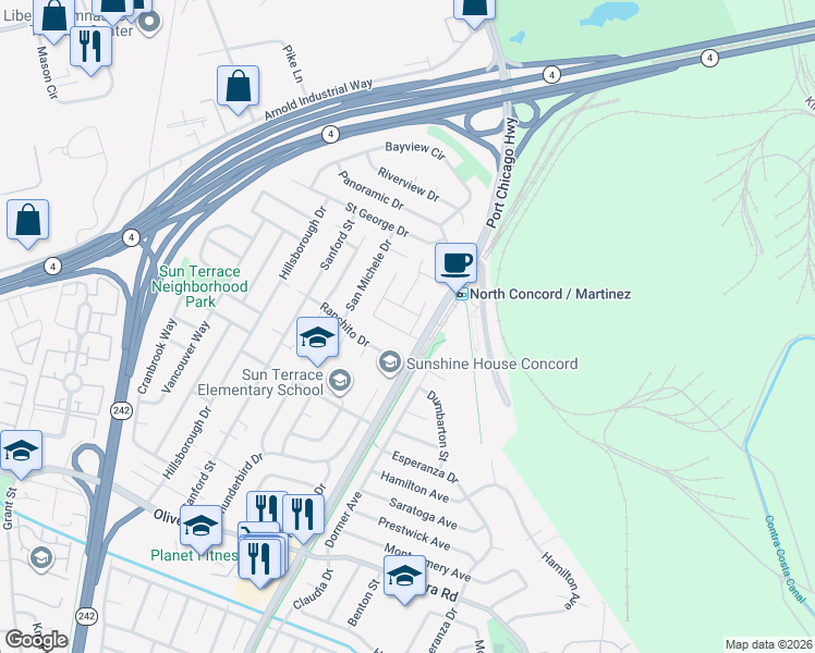 map of restaurants, bars, coffee shops, grocery stores, and more near 2491 Sun View Terrace in Concord