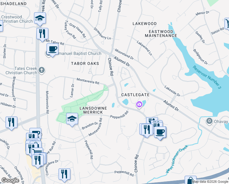 map of restaurants, bars, coffee shops, grocery stores, and more near 3609 Hidden Pond Road in Lexington