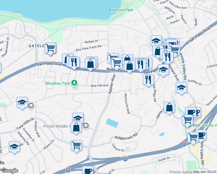 map of restaurants, bars, coffee shops, grocery stores, and more near 1569 Nob Hill Avenue in Pinole