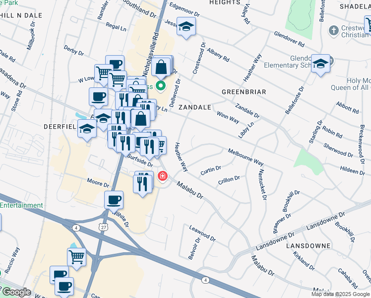 map of restaurants, bars, coffee shops, grocery stores, and more near 209 Melbourne Way in Lexington