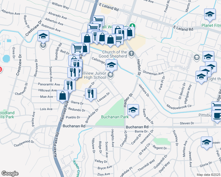 map of restaurants, bars, coffee shops, grocery stores, and more near 331 El Dorado Drive in Pittsburg