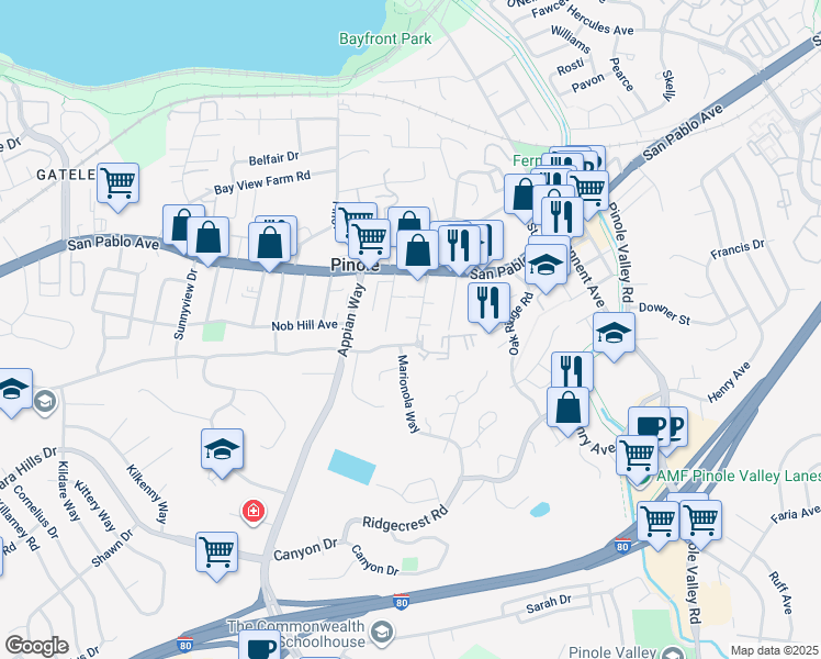 map of restaurants, bars, coffee shops, grocery stores, and more near 948 Jones Ave in Pinole
