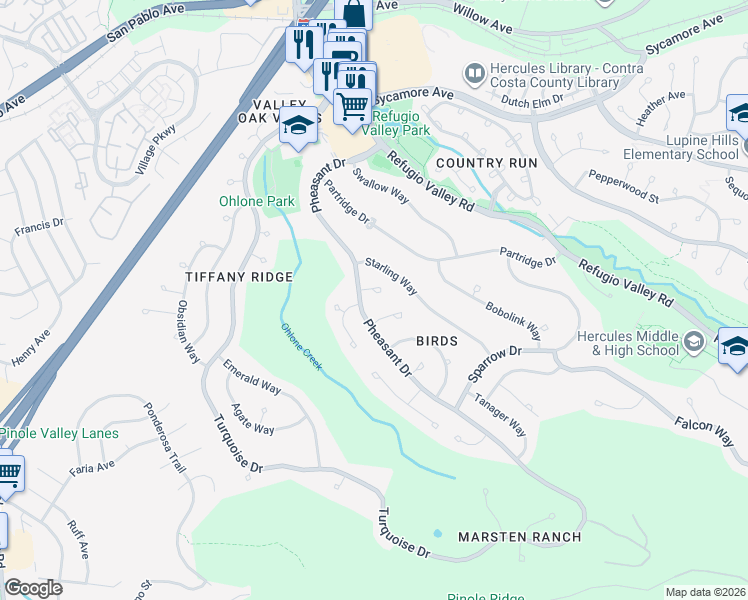 map of restaurants, bars, coffee shops, grocery stores, and more near 106 Crane Court in Hercules