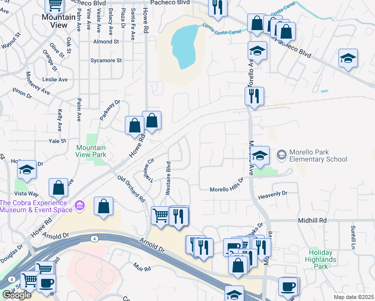 map of restaurants, bars, coffee shops, grocery stores, and more near 289 Crestview Avenue in Martinez