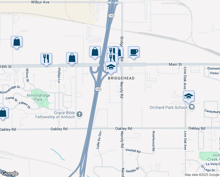 map of restaurants, bars, coffee shops, grocery stores, and more near 5301 Elm Lane in Oakley