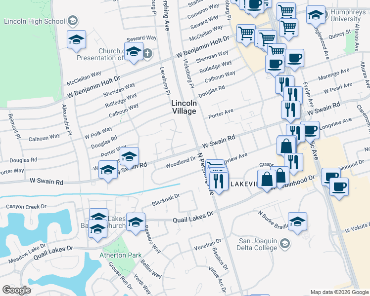 map of restaurants, bars, coffee shops, grocery stores, and more near 1430 West Swain Road in Stockton