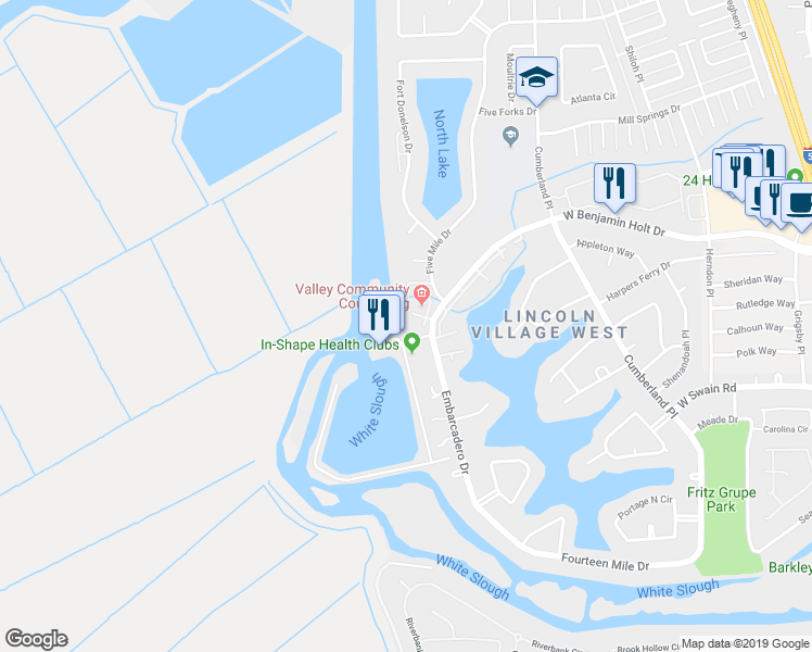 map of restaurants, bars, coffee shops, grocery stores, and more near 6653 Embarcadero Drive in Stockton