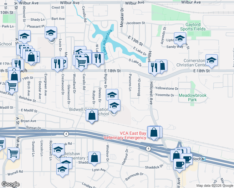 map of restaurants, bars, coffee shops, grocery stores, and more near 1917 Garden Court in Antioch