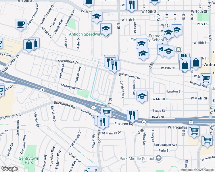 map of restaurants, bars, coffee shops, grocery stores, and more near 2204 L Street in Antioch