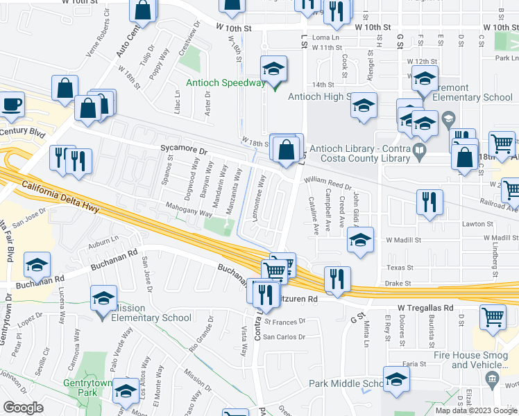 map of restaurants, bars, coffee shops, grocery stores, and more near 2301 Lemontree Way in Antioch