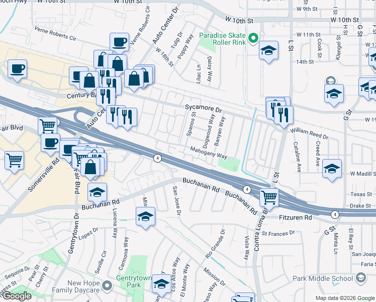 map of restaurants, bars, coffee shops, grocery stores, and more near 2405 Shadow Lane in Antioch