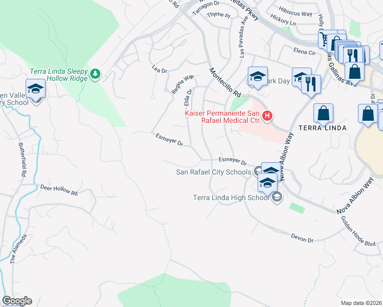 map of restaurants, bars, coffee shops, grocery stores, and more near 119 Esmeyer Drive in San Rafael