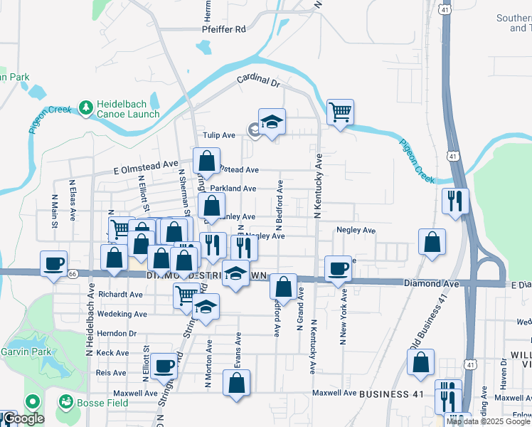 map of restaurants, bars, coffee shops, grocery stores, and more near 834 Stanley Avenue in Evansville