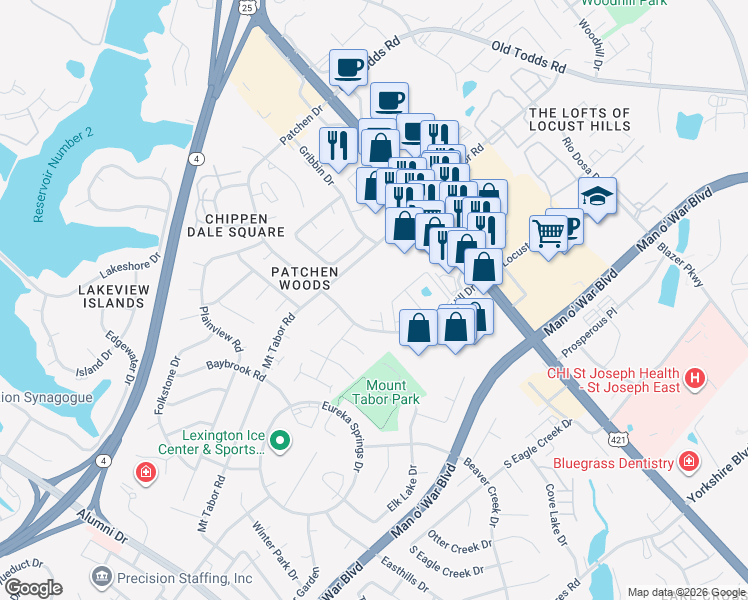 map of restaurants, bars, coffee shops, grocery stores, and more near 151 Locust Pointe Way in Lexington