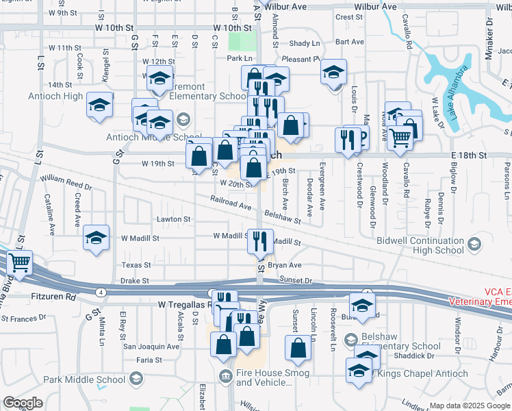 map of restaurants, bars, coffee shops, grocery stores, and more near 2028 A Street in Antioch