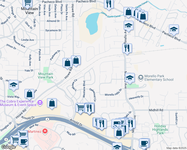 map of restaurants, bars, coffee shops, grocery stores, and more near 289 Crestview Avenue in Martinez