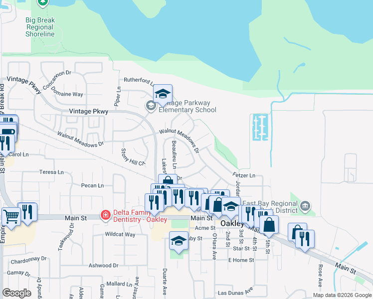 map of restaurants, bars, coffee shops, grocery stores, and more near 333 Lakespring Place in Oakley