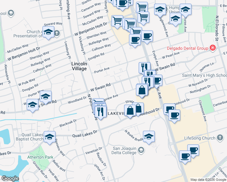 map of restaurants, bars, coffee shops, grocery stores, and more near 5929 Fern Street in Stockton