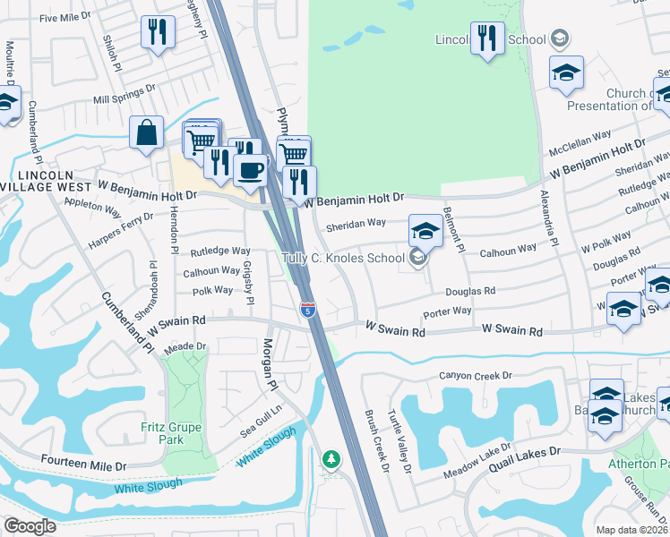 map of restaurants, bars, coffee shops, grocery stores, and more near 6409 Plymouth Road in Stockton