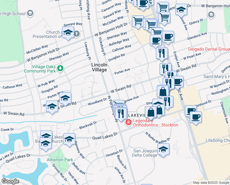 map of restaurants, bars, coffee shops, grocery stores, and more near 5971 Mitchler Avenue in Stockton