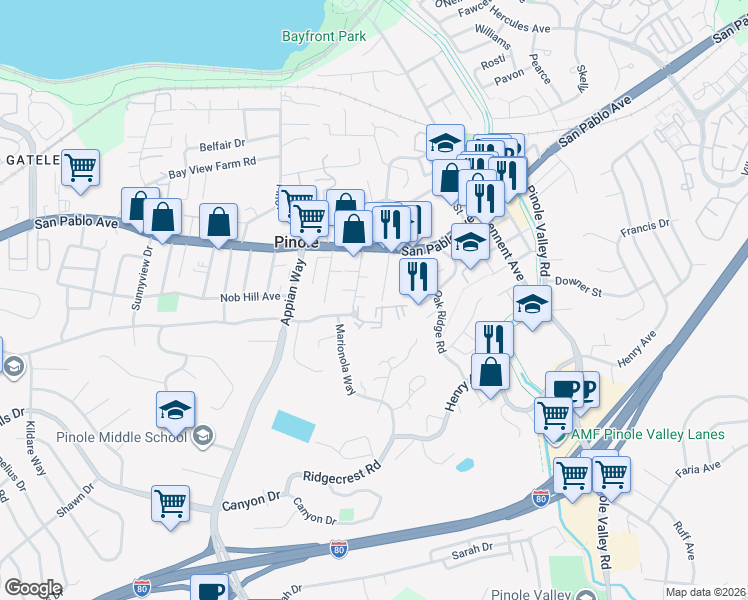 map of restaurants, bars, coffee shops, grocery stores, and more near 801 Alvarez Avenue in Pinole