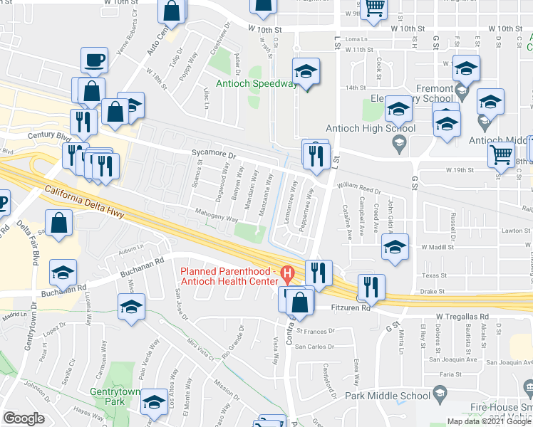 map of restaurants, bars, coffee shops, grocery stores, and more near 2305 Manzanita Way in Antioch