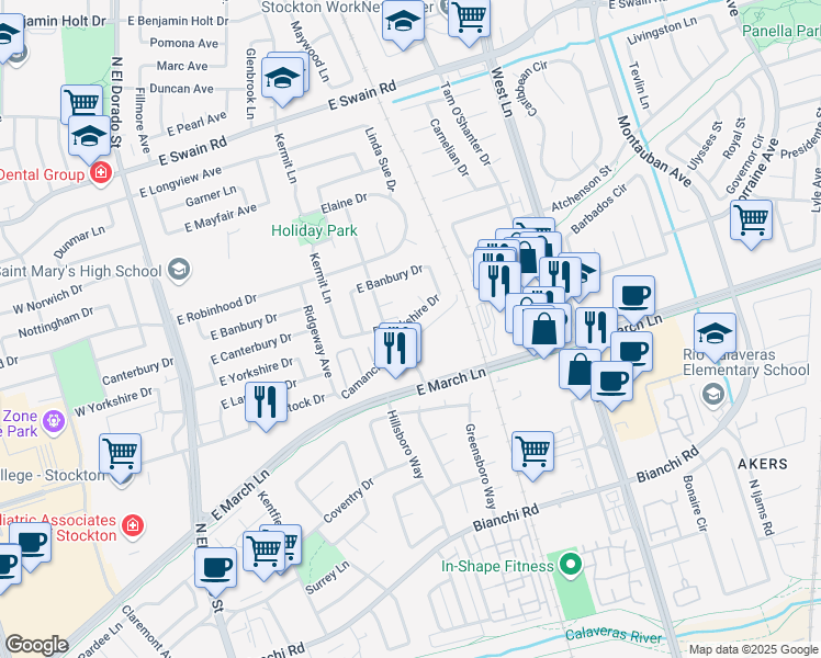 map of restaurants, bars, coffee shops, grocery stores, and more near 824 East Yorkshire Drive in Stockton