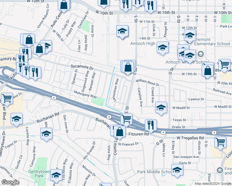 map of restaurants, bars, coffee shops, grocery stores, and more near 2301 Lemontree Way in Antioch