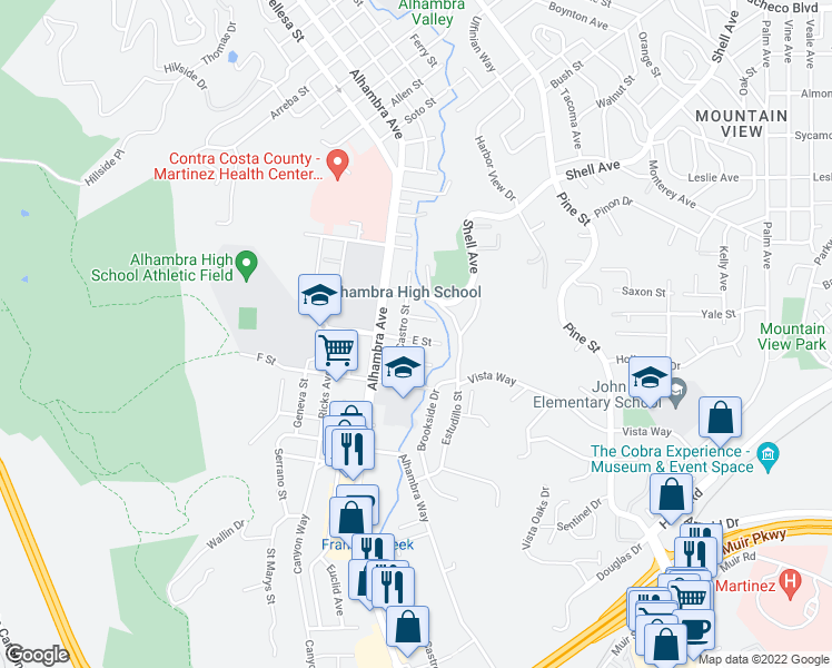 map of restaurants, bars, coffee shops, grocery stores, and more near 621 E Street in Martinez