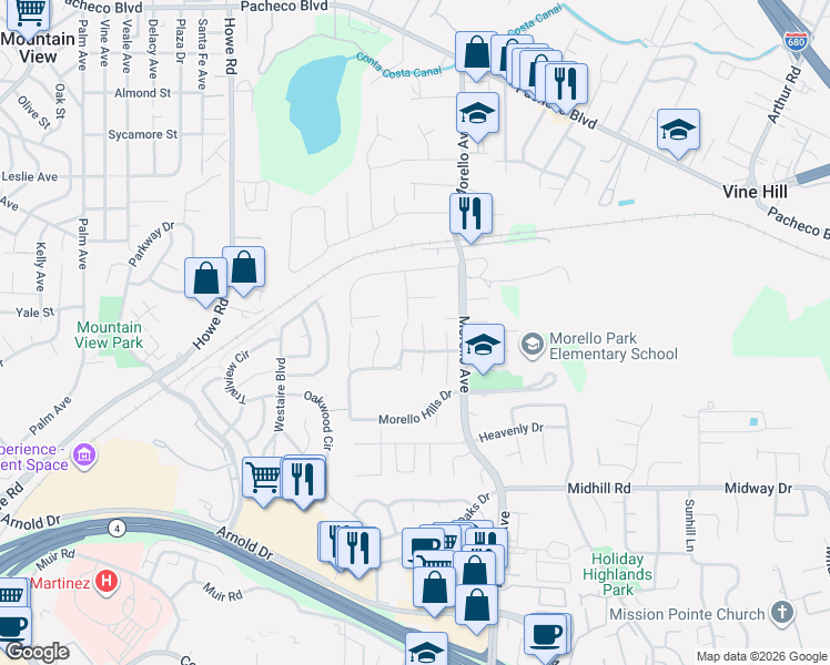 map of restaurants, bars, coffee shops, grocery stores, and more near 113 Saint Laurent Court in Martinez